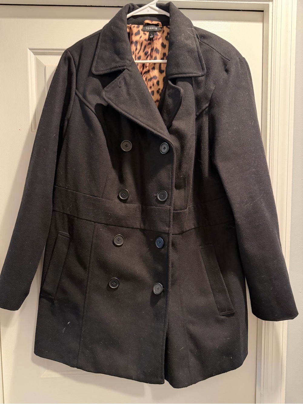 torrid Black Double-Breasted Pea Coat with Leopard Lining